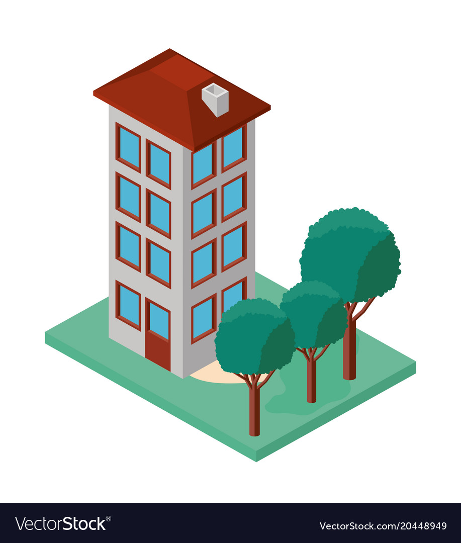 Mini tree and building isometric Royalty Free Vector Image