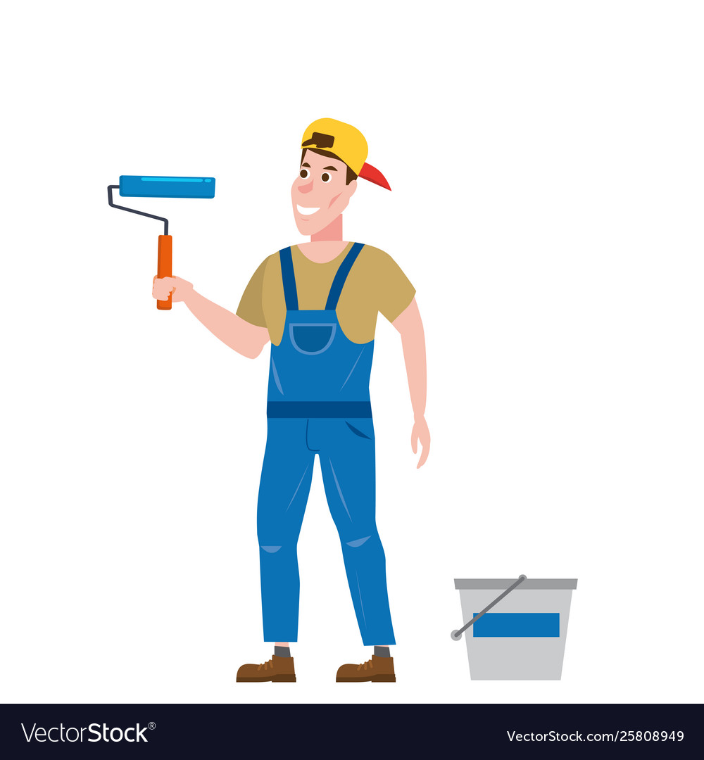 Painter man is holding a paint roller in hand Vector Image