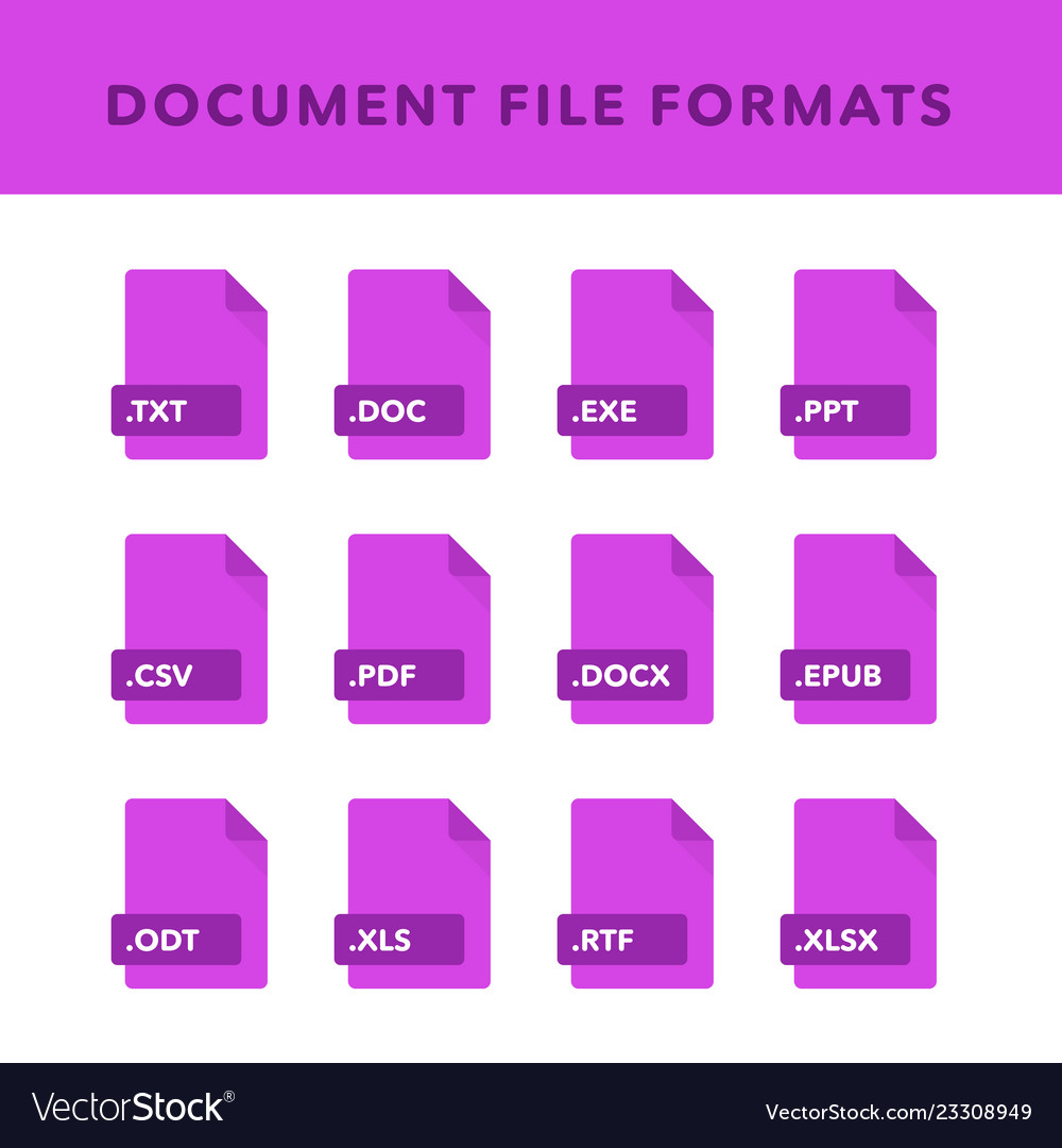Set of document file formats and labels in flat vector image Set of document file formats and labels in flat