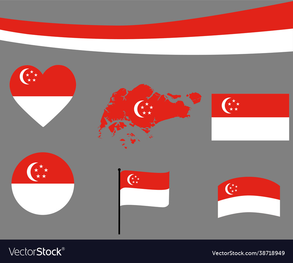 Singapore flag map ribbon and heart icons