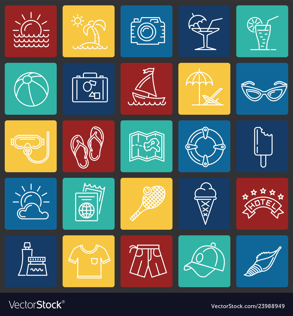 Summer line icons set on color squares background
