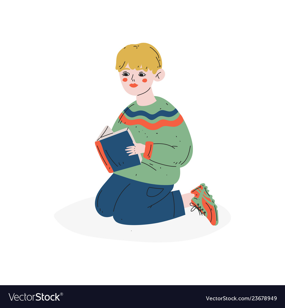 Teen Junge sitzen auf dem Boden seine Knie und lesen vector image Teen Junge sitzen auf dem Boden seine Knie und lesen