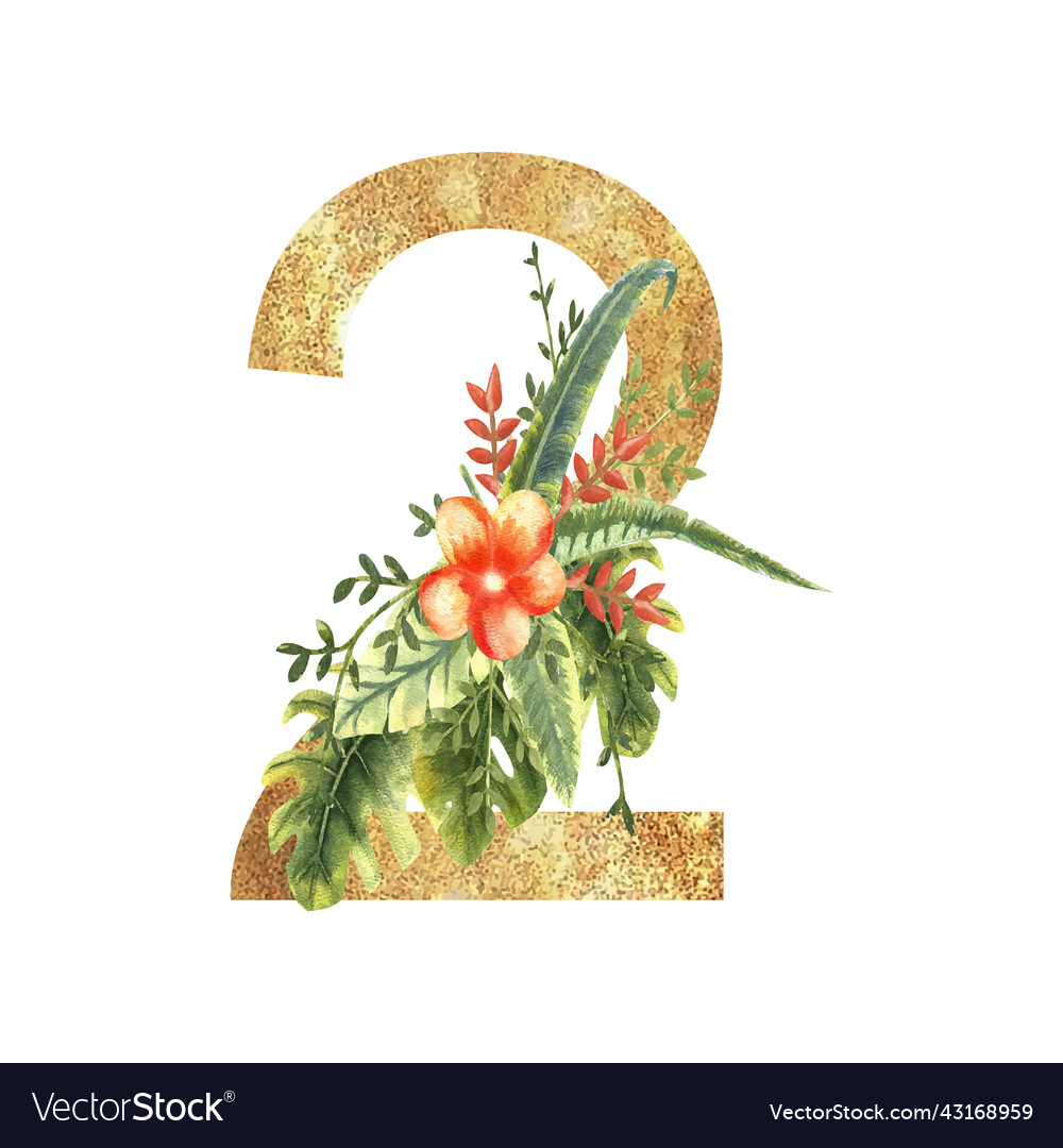 Golden number 2 with a watercolor bouquet