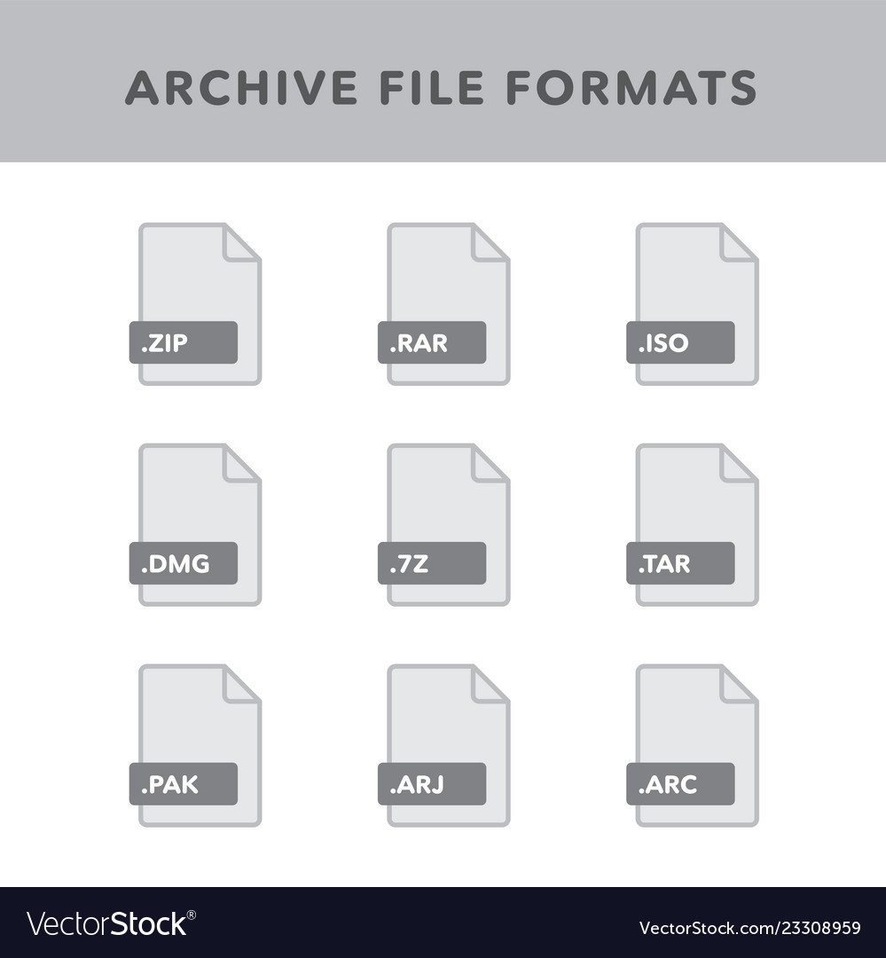Set of archive file formats and labels in flat vector image Set of archive file formats and labels in flat
