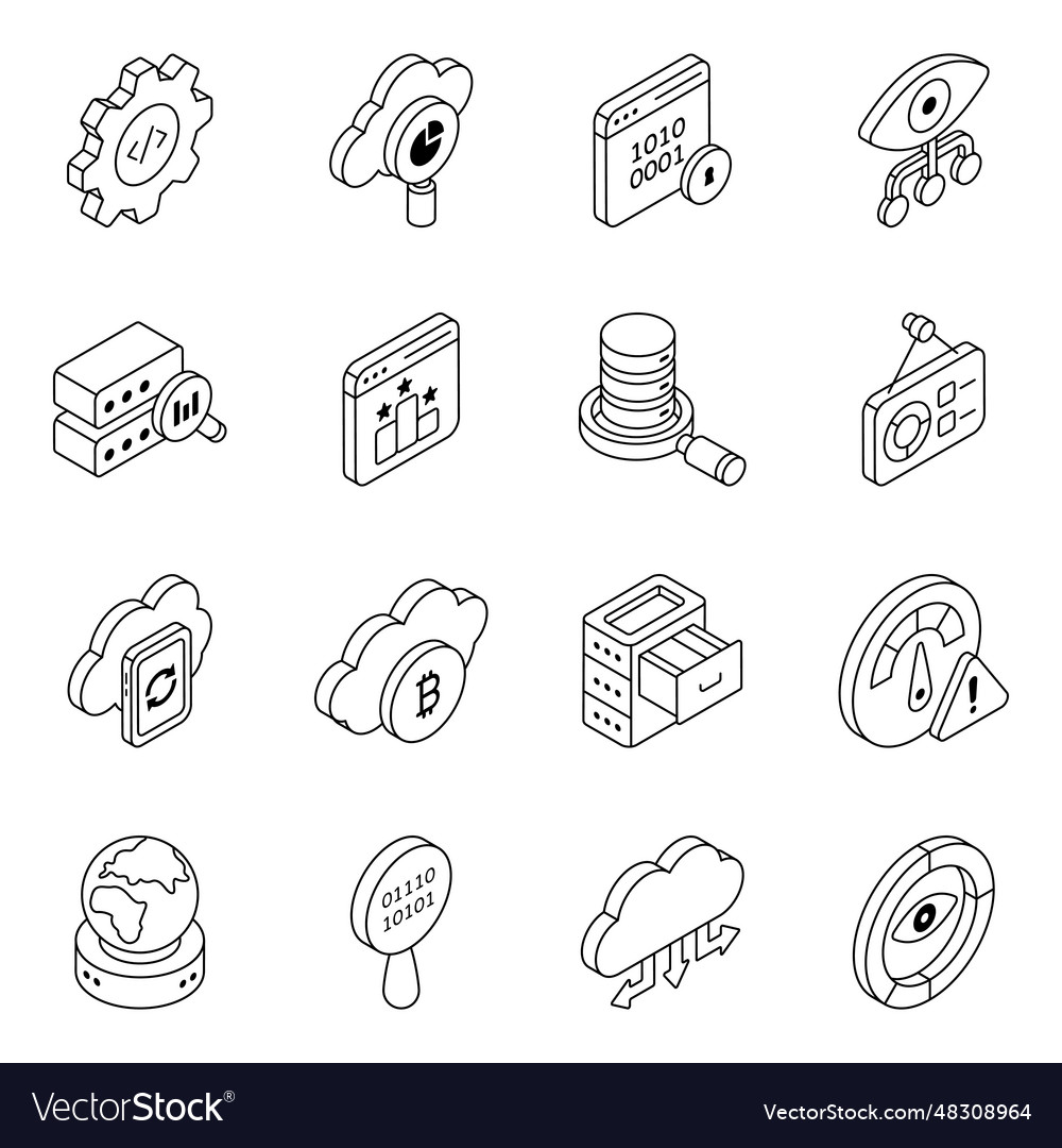 Pack of data and technology linear icons vector image Pack of data and technology linear icons