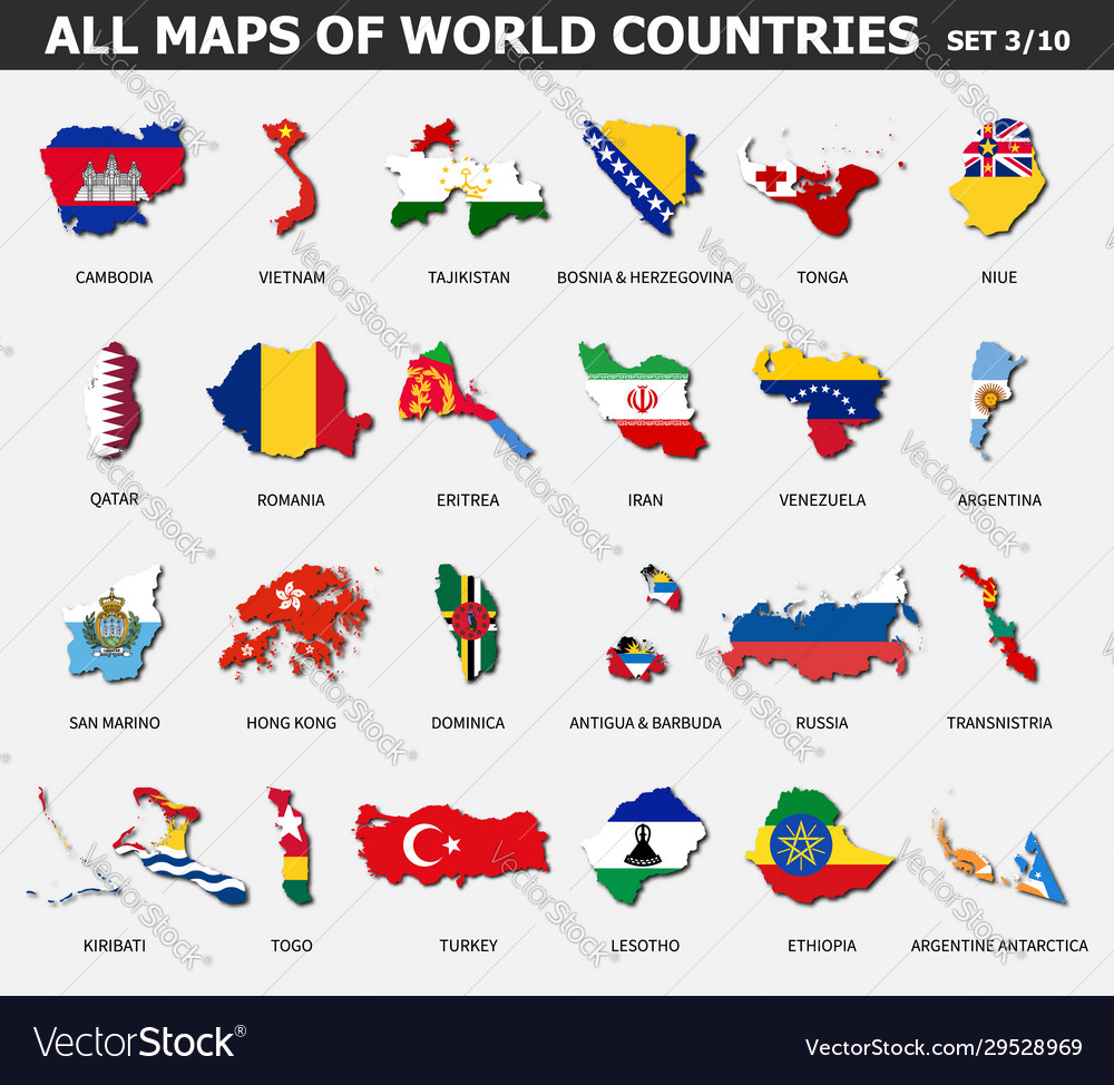 All maps world countries and flags set 3 of Vector Image