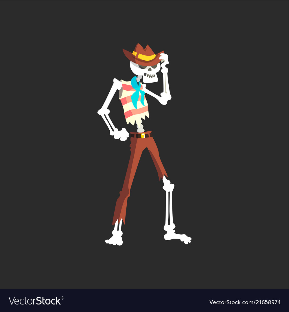 Creepy skeleton character in cowboy hat dancing