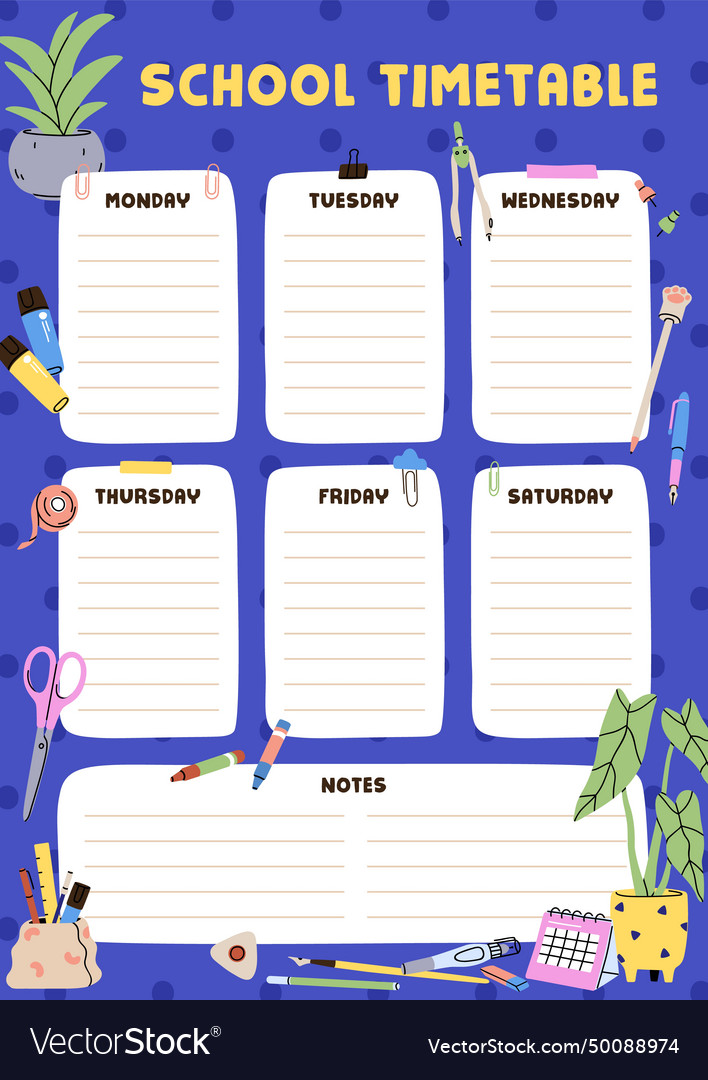 School timetable design every day lessons Vector Image