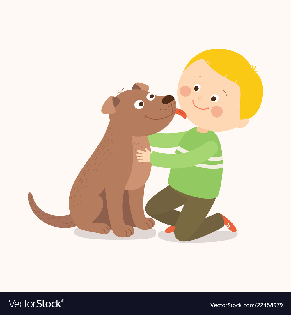 A little dog licking boy s cheek best friends Vector Image