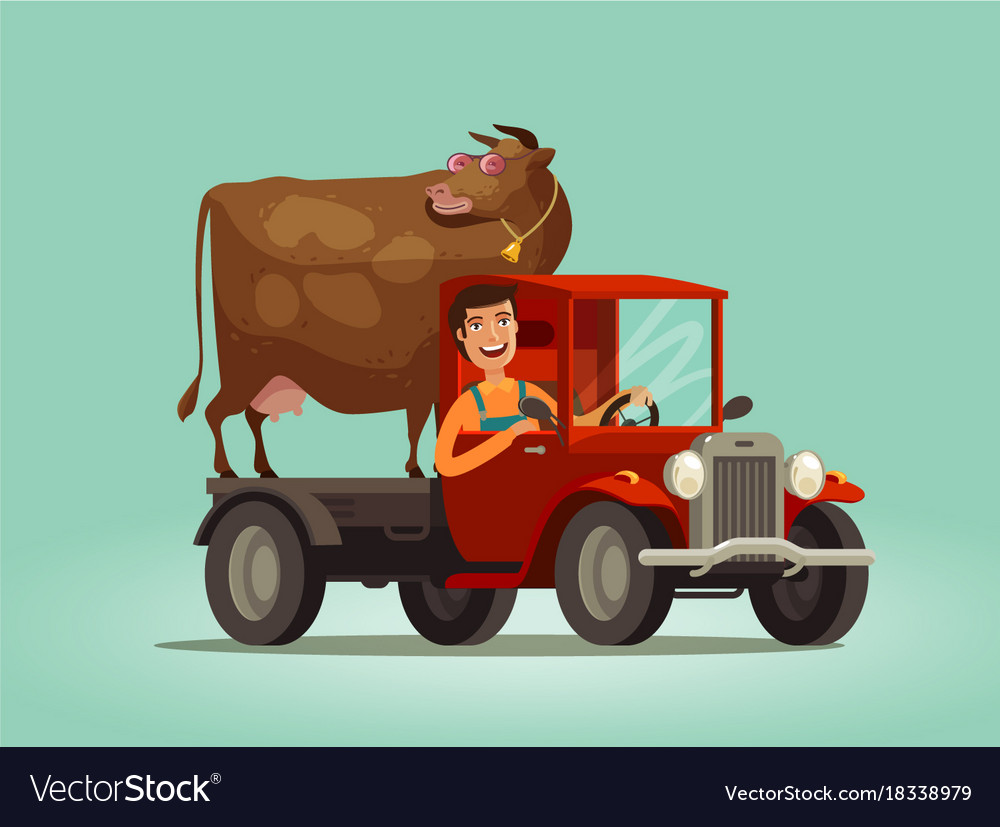 happy-farmer-and-cow-rides-on-truck-farming-farm-vector-image