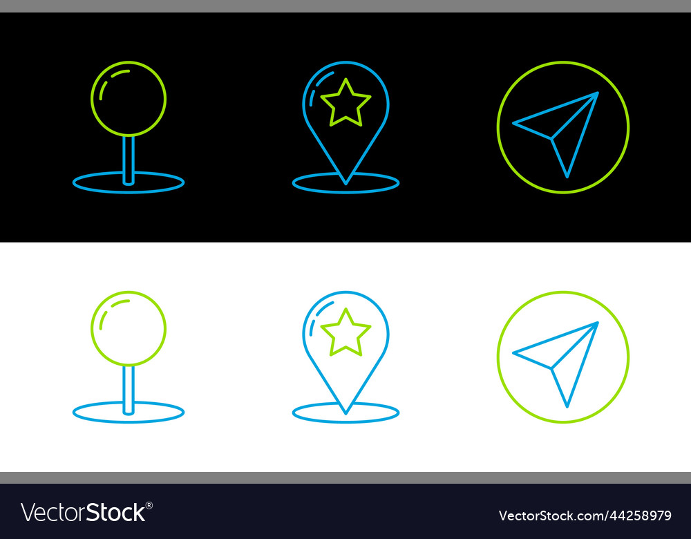Set line paper airplane push pin and map pointer vector image Set line paper airplane push pin and map pointer