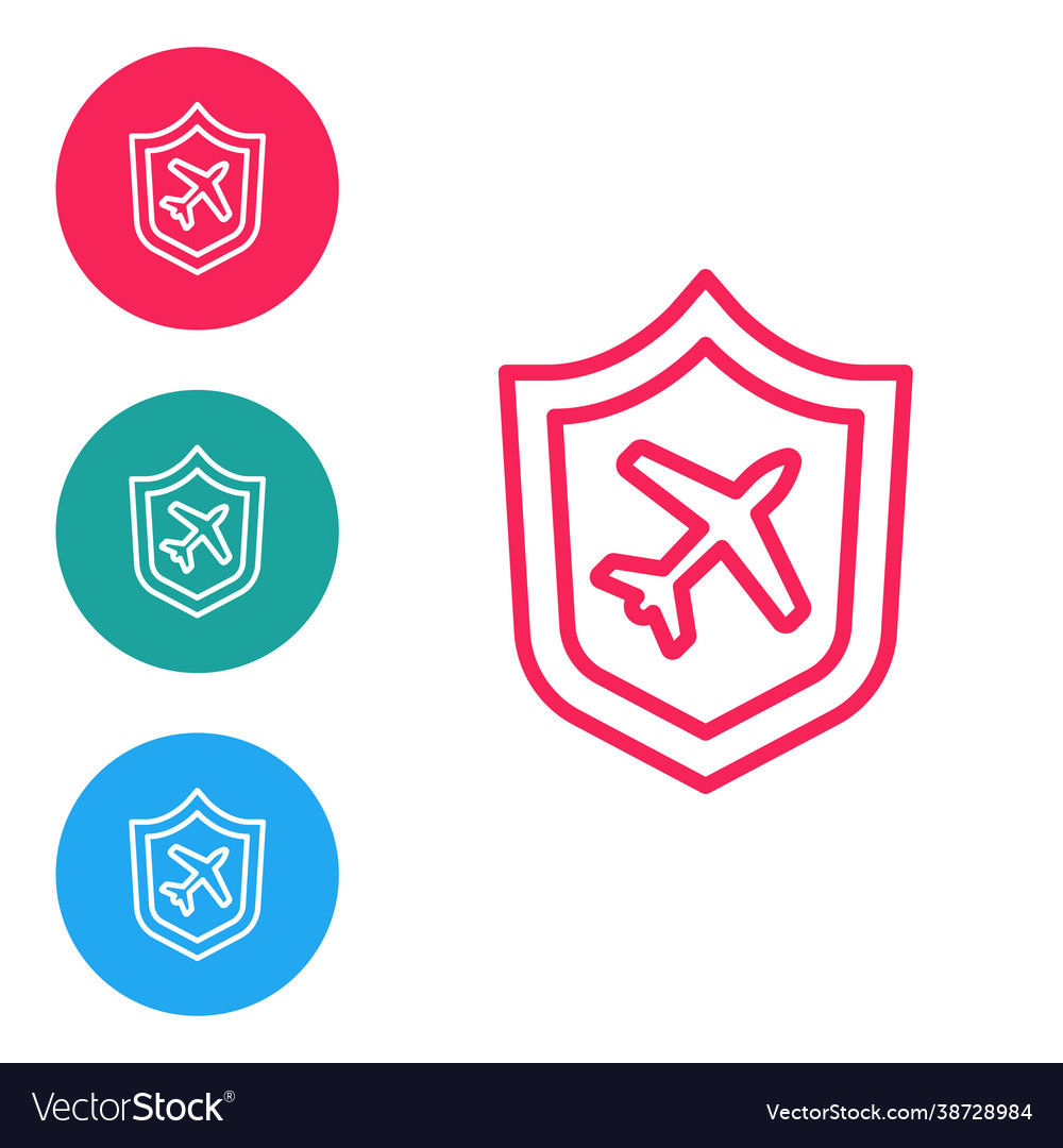 Red line plane with shield icon isolated on white Vector Image Red line plane with shield icon isolated on white