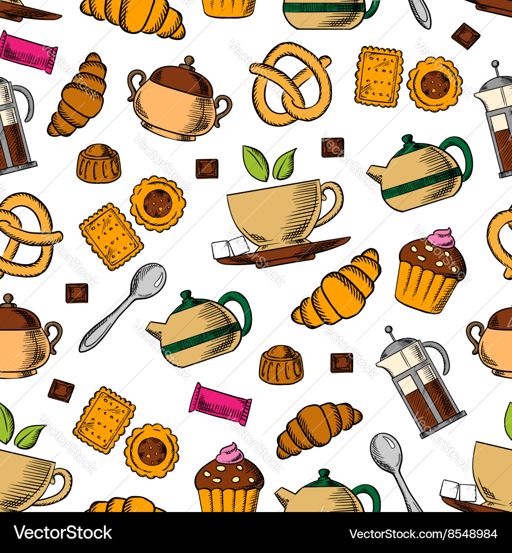 Retro seamless tea cups and sweets pattern Vector Image