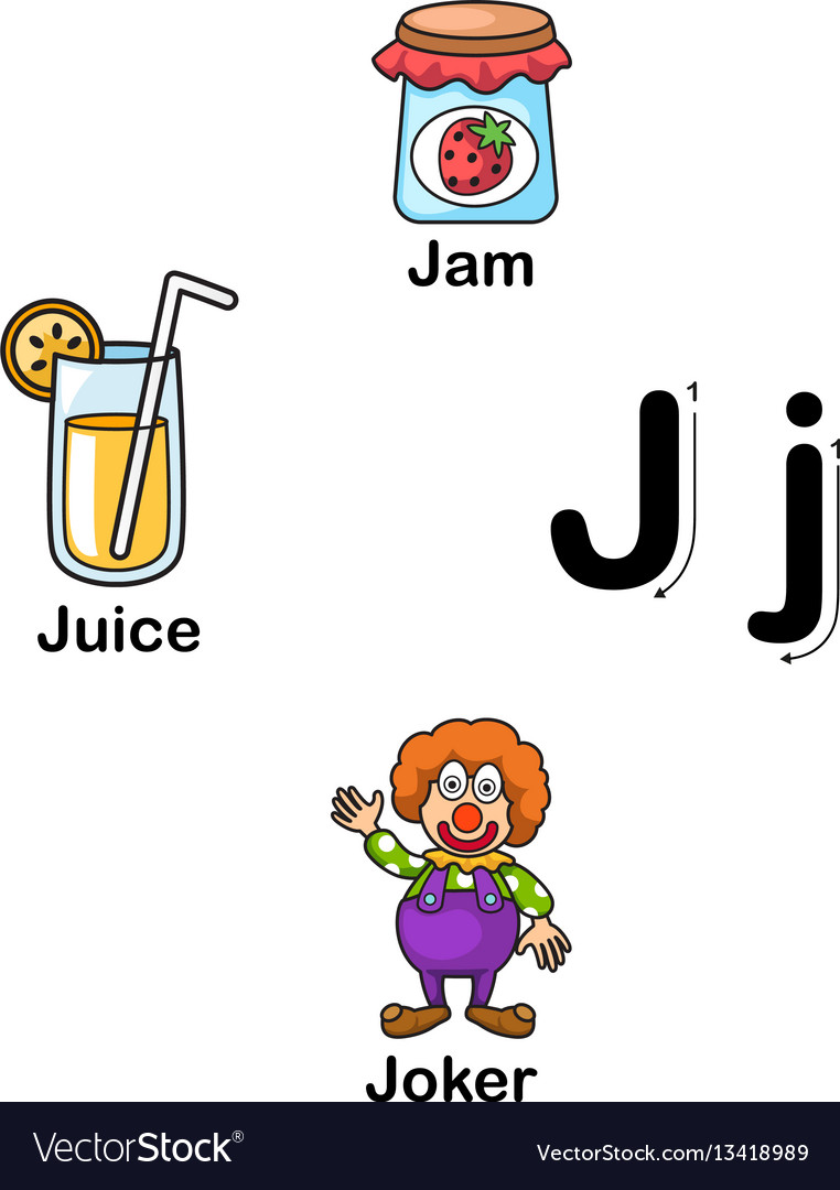 Alphabet letter j-jam juice joker Royalty Free Vector Image