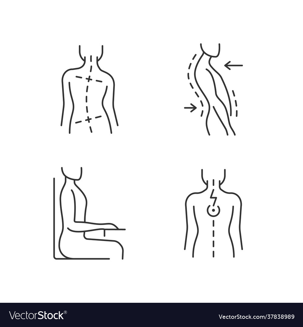 Bad posture problems linear icons set