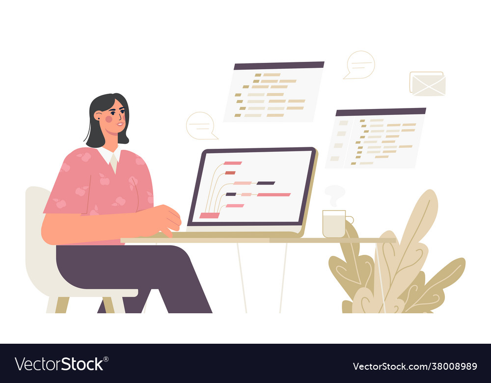 Girl programmer working on web a laptop vector image Girl programmer working on web a laptop