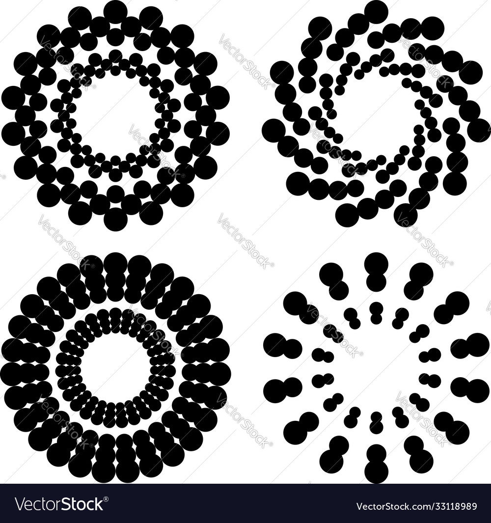 Set abstract black halftone dots in round form