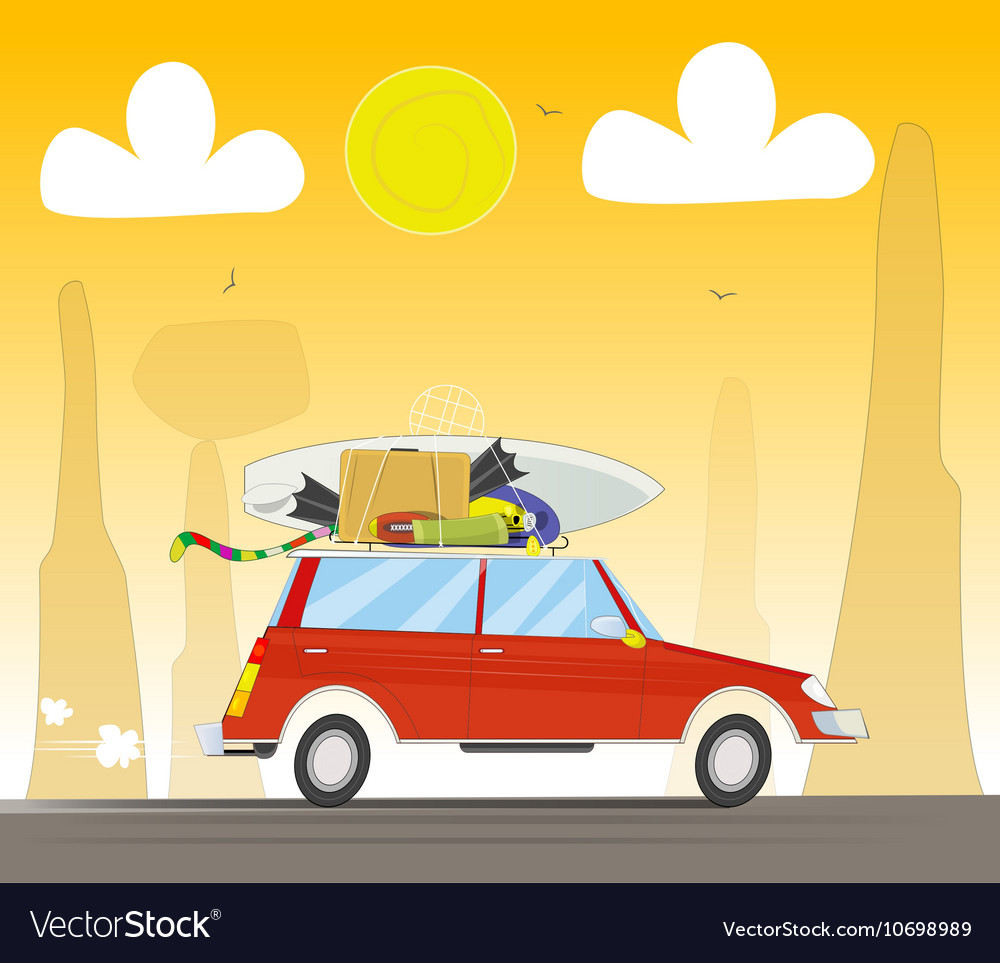 Vacation Travel By Car On Sunset Background Vector Image