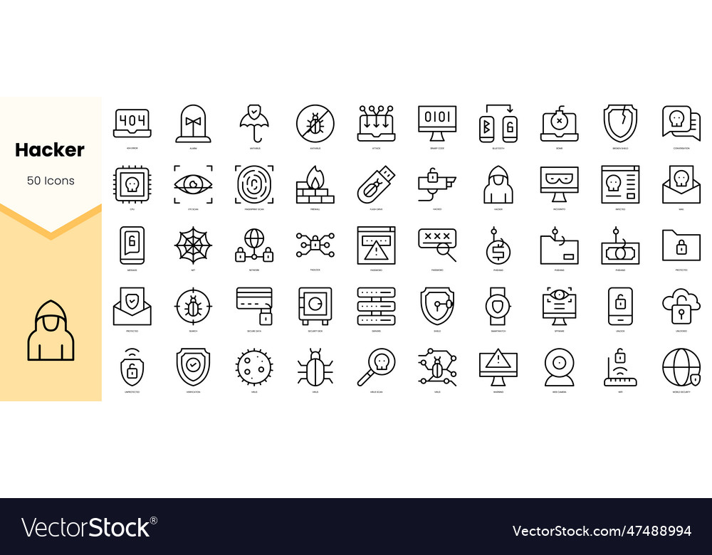 Set of hacker icons simple line art style vector image Set of hacker icons simple line art style