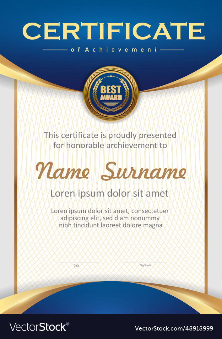 Blue and gold certificate template Royalty Free Vector Image