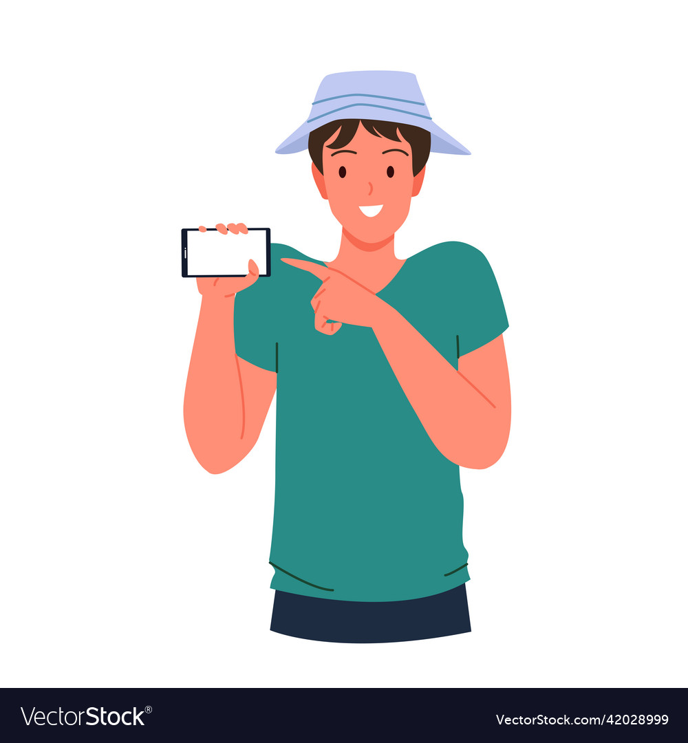 Happy young man pointing and showing his phone