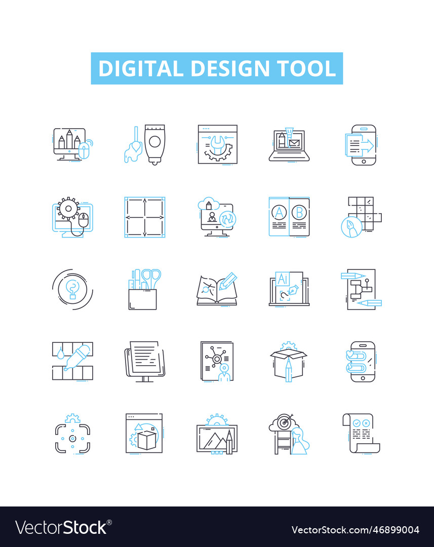 Digital design tool line icons set
