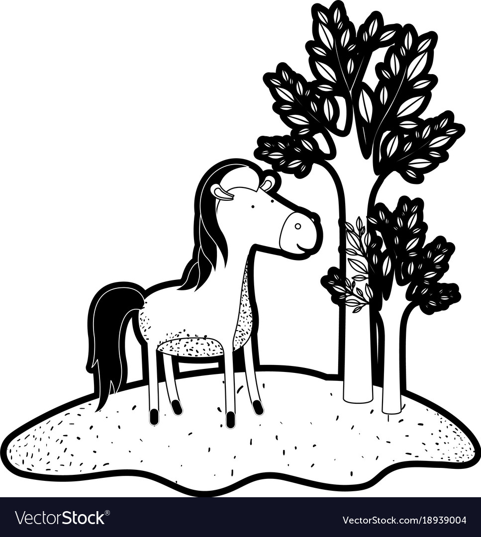 Horse cartoon in forest next to the trees black