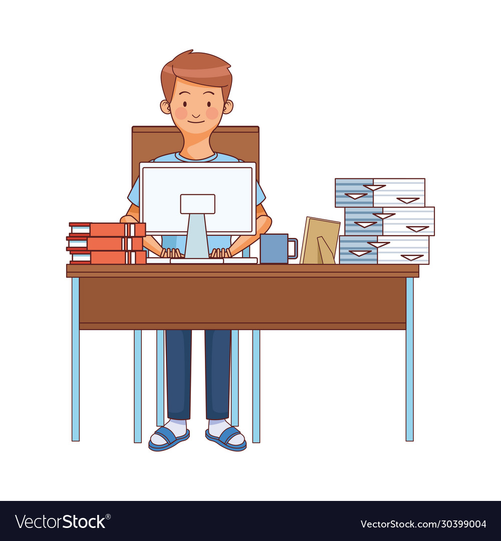 Man working with desktop in desk and pile vector image Man working with desktop in desk and pile