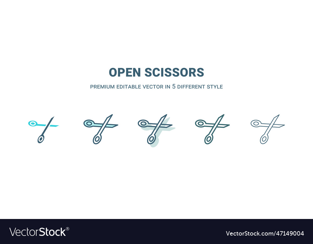 Open scissors icon in 5 different style outline vector image Open scissors icon in 5 different style outline