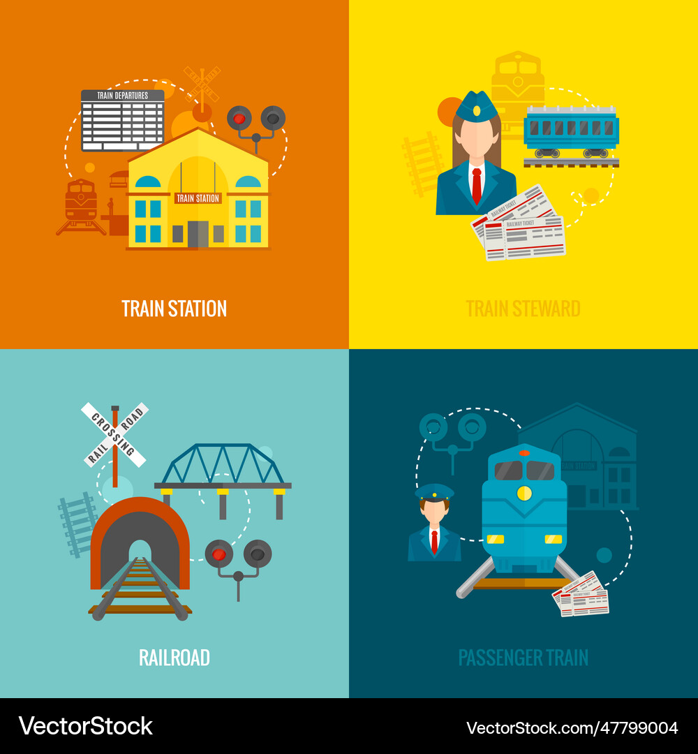 Railway flat set flat set Royalty Free Vector Image