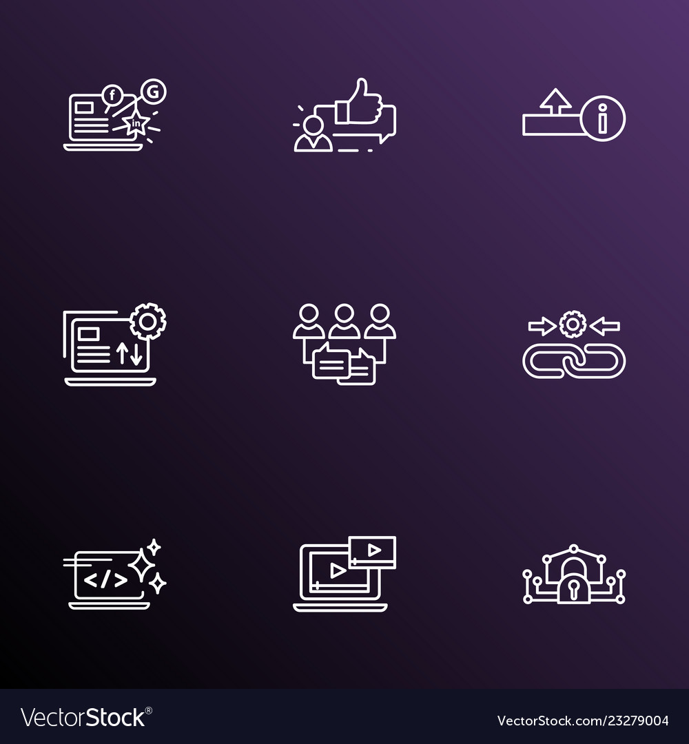 Search icons line style set with upload audience vector image Search icons line style set with upload audience
