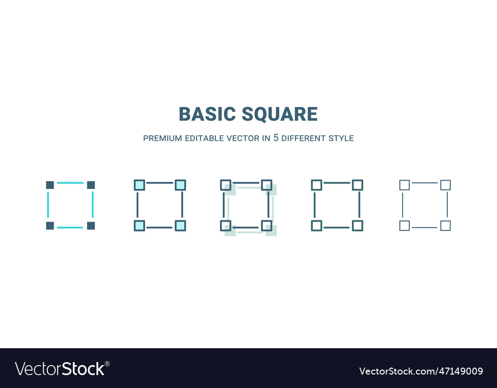 Basic square icon in 5 different style outline vector image Basic square icon in 5 different style outline