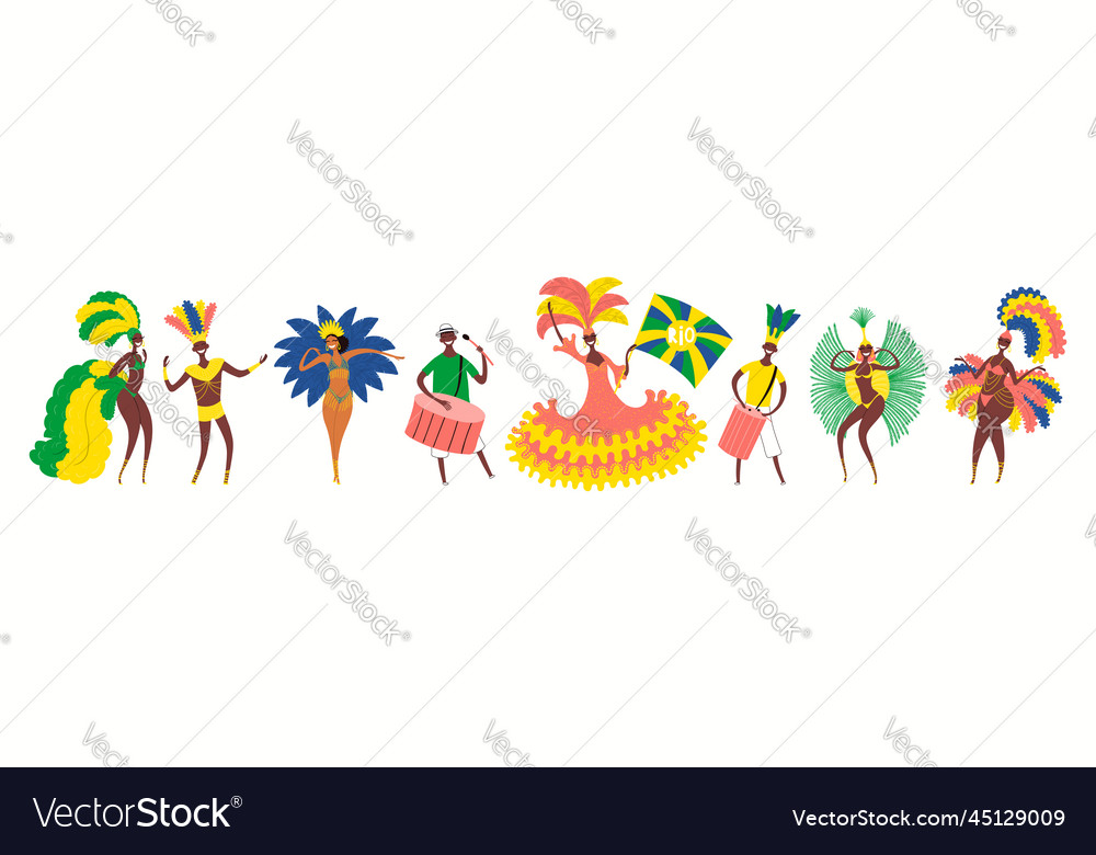 Brazilian carnival dancers drummers in costumes vector image Brazilian carnival dancers drummers in costumes