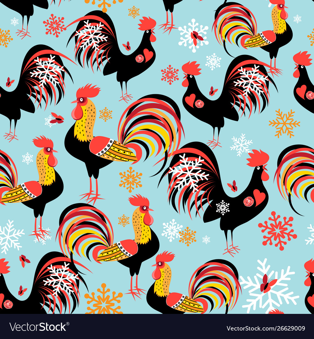 Festive Rooster Snowflakes Pattern