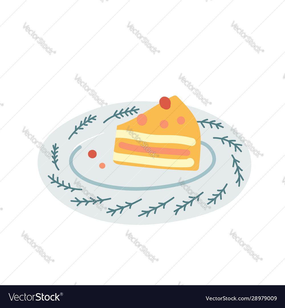 Piece cake decorated with berries on decorative vector image Piece cake decorated with berries on decorative