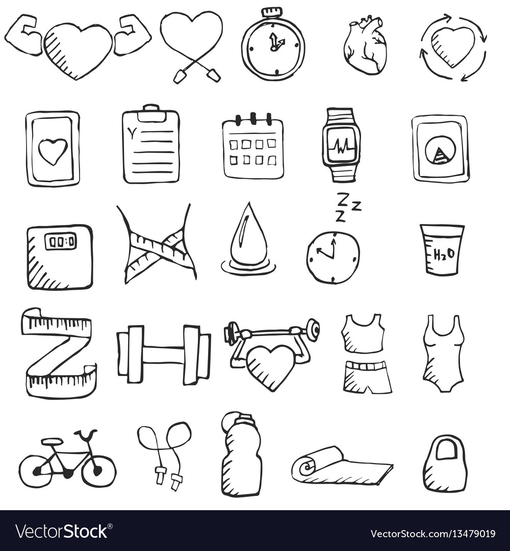 Set Of Hand Drawn Healthy Lifestyle Icons Set Set Vector Image