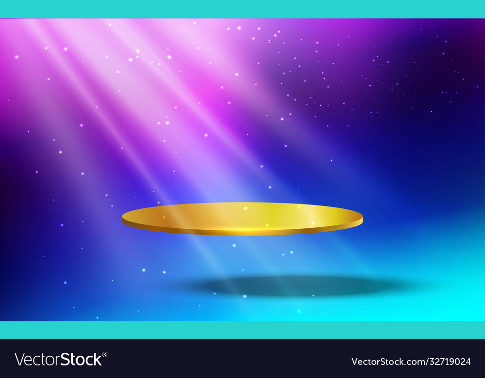 Golden showcase with colorful light in studio