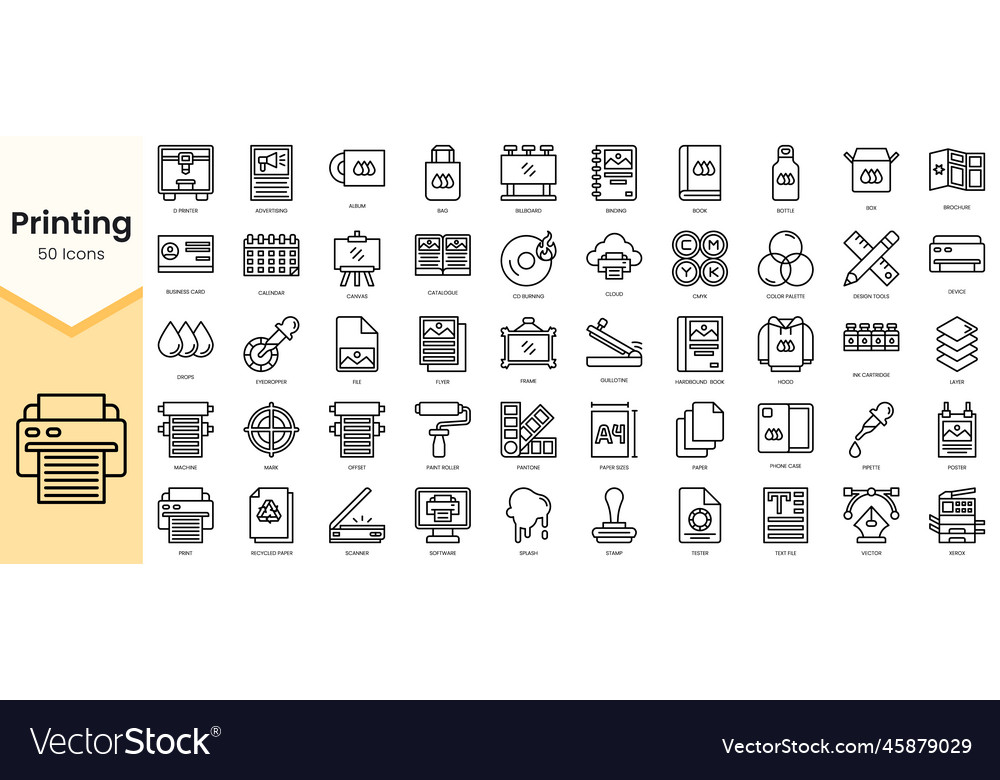 Simple outline set of printing icons linear style vector image Simple outline set of printing icons linear style