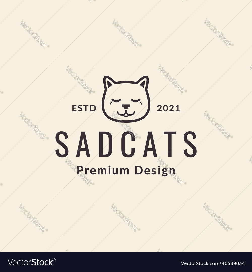 Cute sad kitten hipster line logo symbol icon