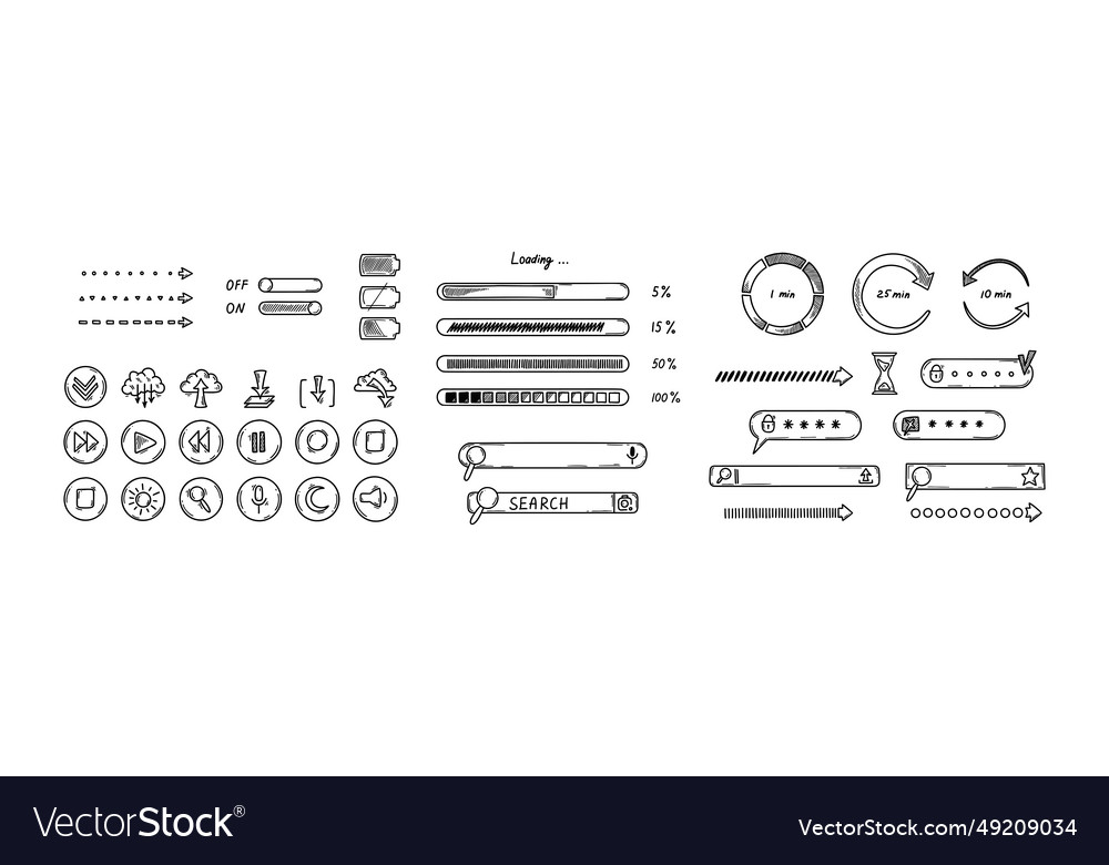 Doodle interface design elements click icons vector image Doodle interface design elements click icons