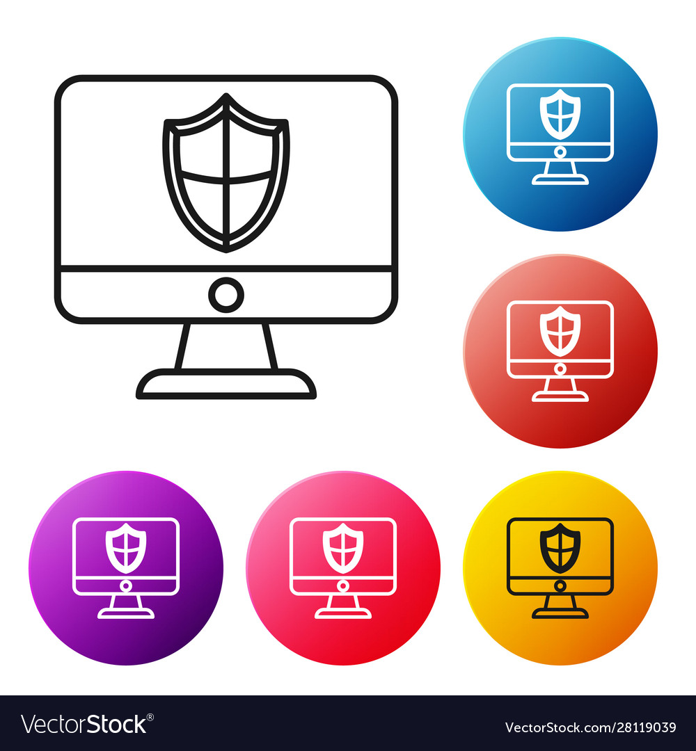 Black line computer monitor and shield icon Vector Image