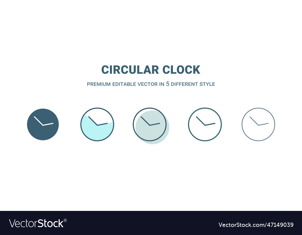 Circular clock icon in 5 different style outline vector image Circular clock icon in 5 different style outline