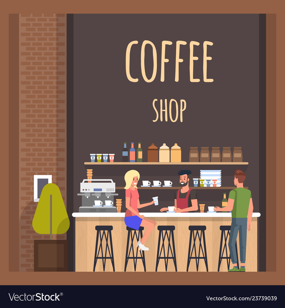 Coffe Shop With Barista And Visitors Flat Banner Vector Image