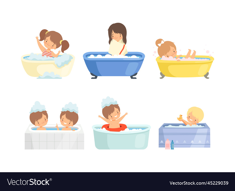 Cute kids taking bath set happy children sitting