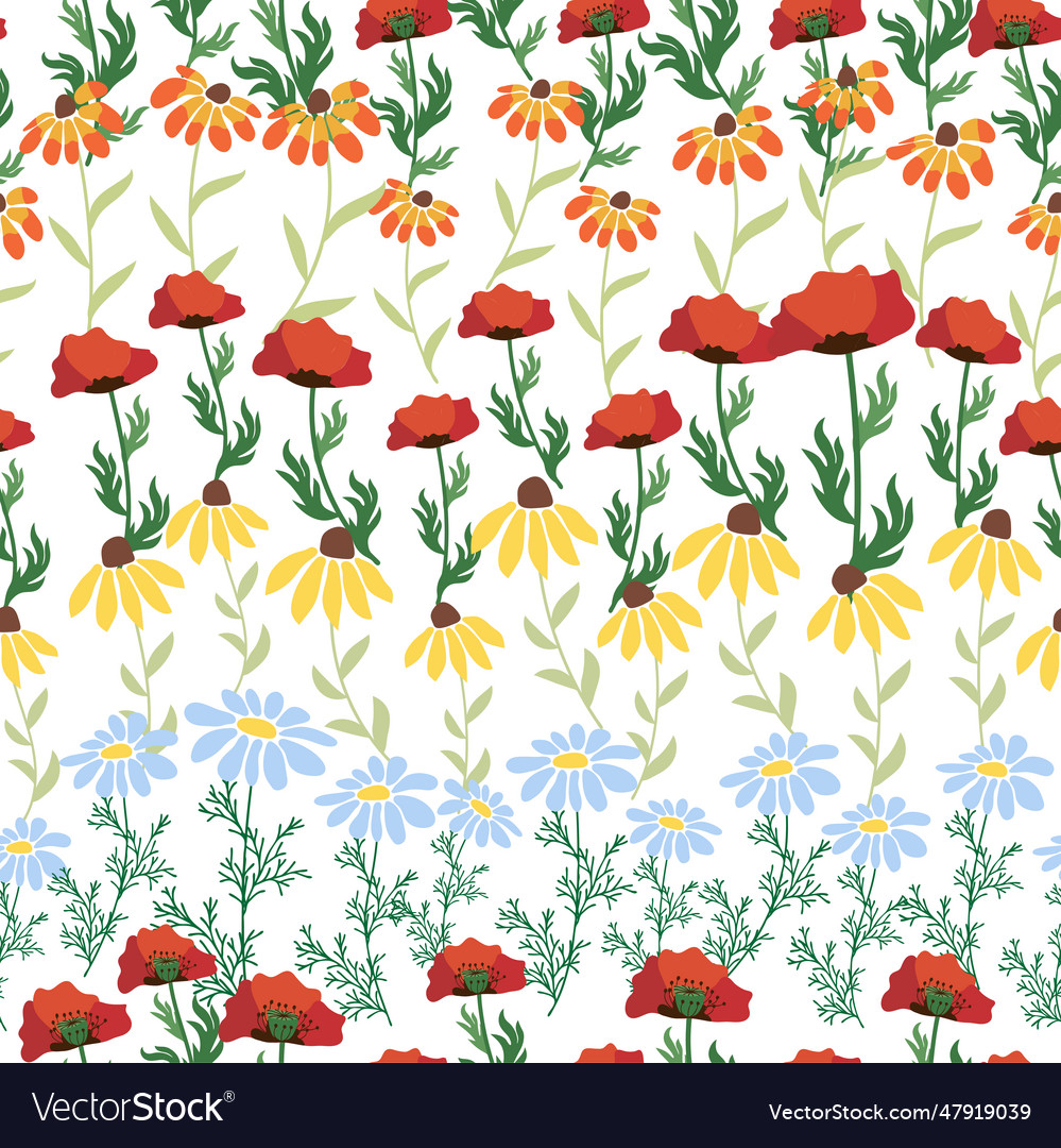 Seamless pattern with red poppies white chamomile