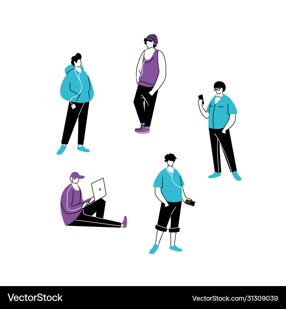 Young men using technological gadgets Royalty Free Vector