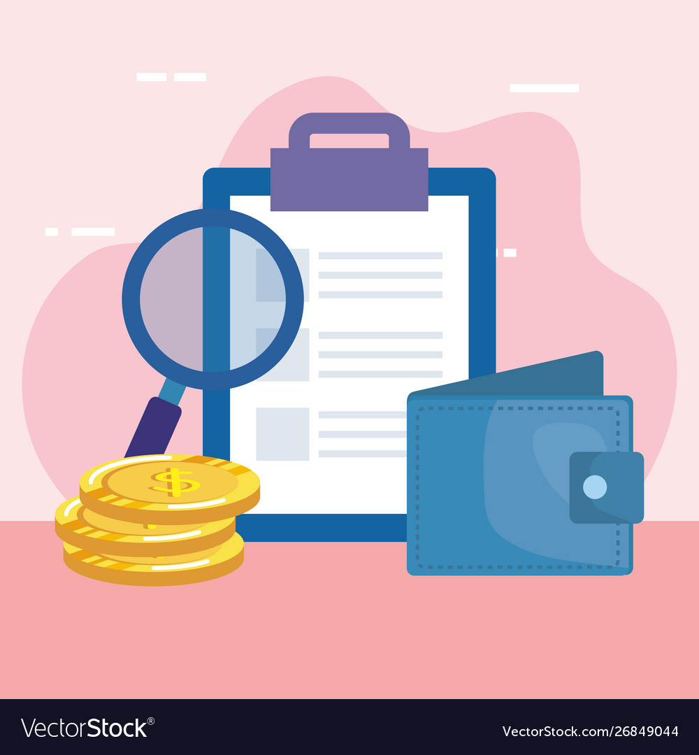 Checklist clipboard with wallet and magnifying