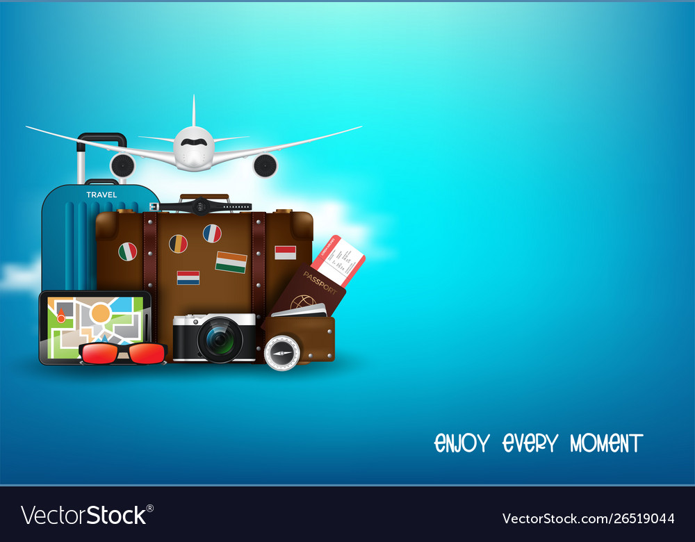 Travelers desktop with suitcase camera plane vector image Travelers desktop with suitcase camera plane
