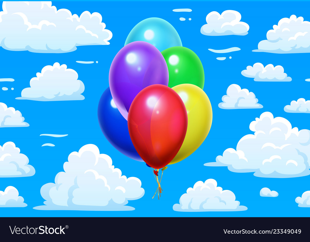 Bunch Balloons In Clouds Cartoon Blue Cloudy Sky Vector Image