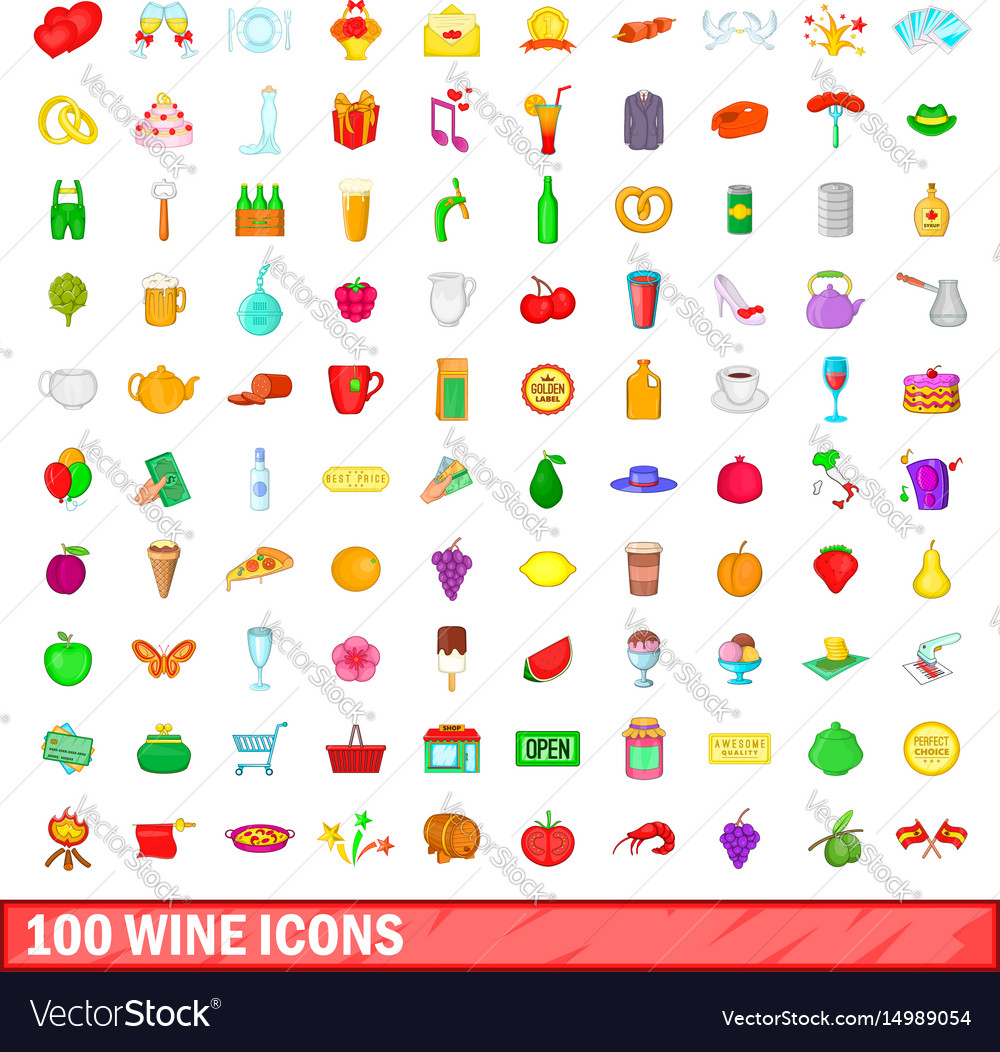 100 wine icons set cartoon style Royalty Free Vector Image